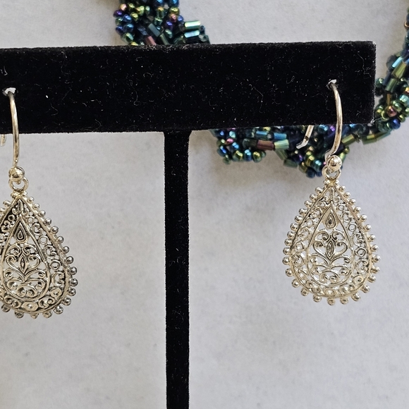 SET! 925 Teardrop Earrings, Braided Beaded Necklace, & Hematite Bracelet SET! - Picture 5 of 15